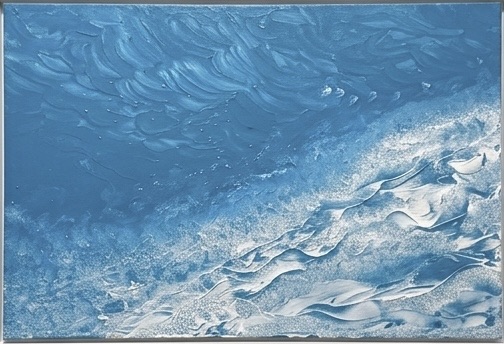 Full view of 'The Ocean' canvas: teal water above, a diagonal band of white impasto surf below, in a thin pale frame.