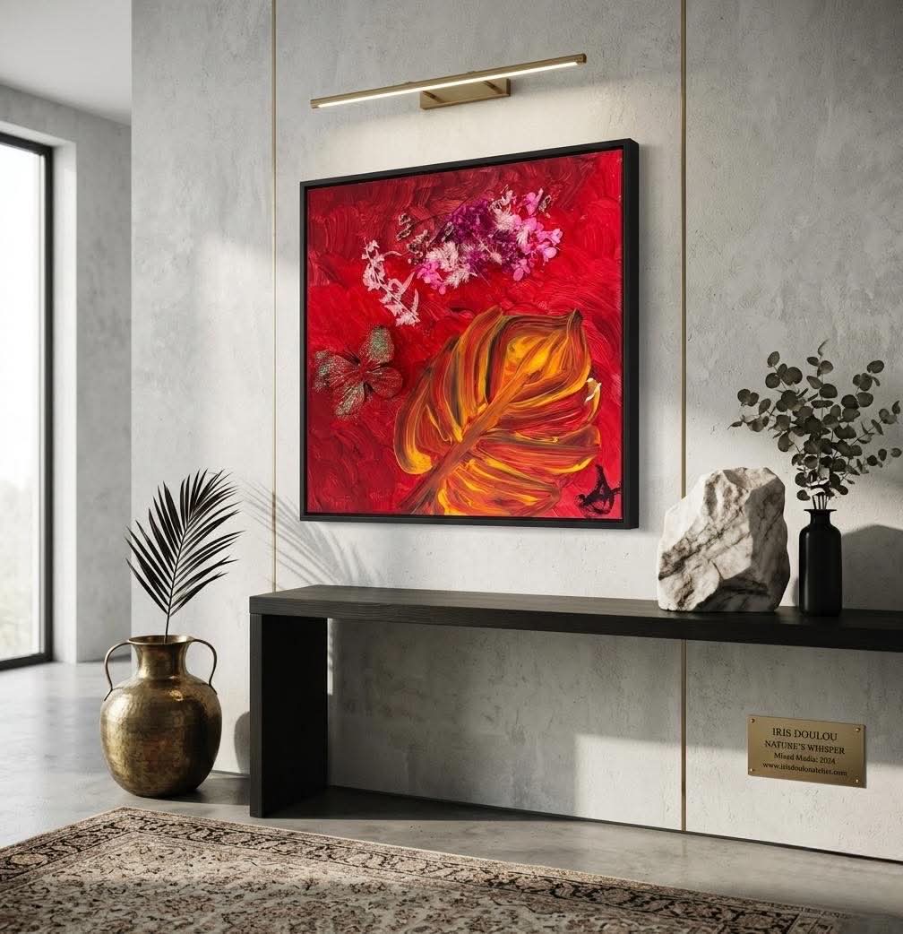 'Nature's Whisper' by Iris Doulou (mixed media, 2024) — a square red palette-knife canvas with a flame-coloured leaf, purple and pink flowers, and a glittering butterfly, in a black frame.